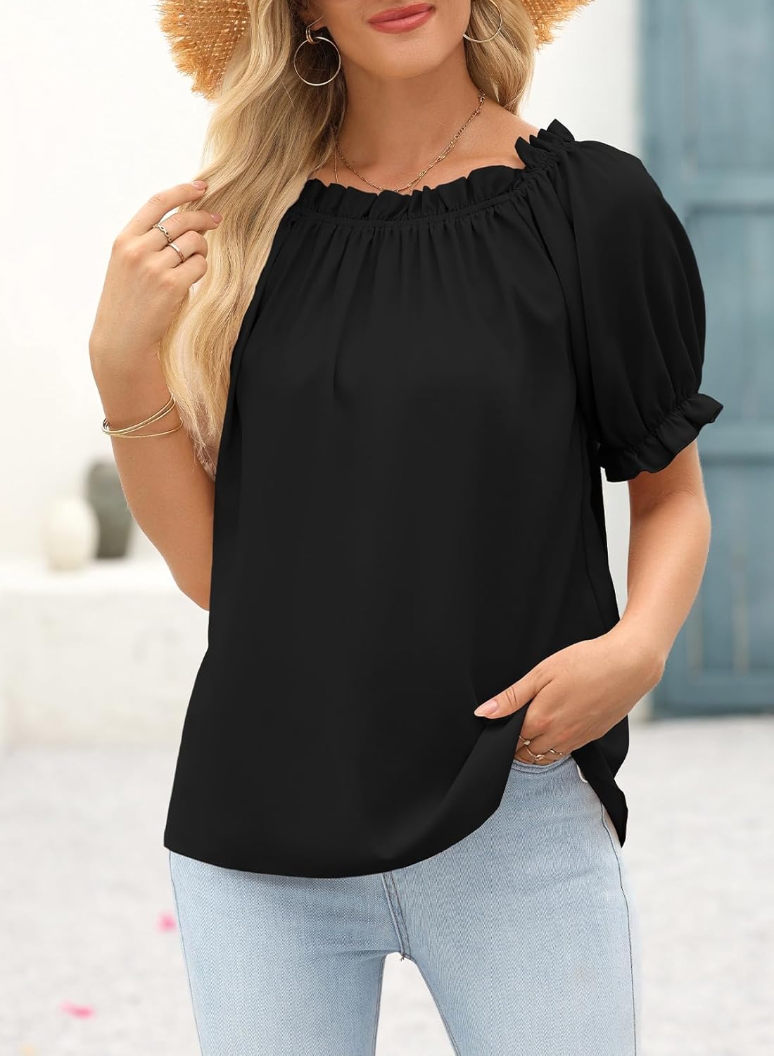 Womens Tops Off The Shoulder Blouses for Women Dressy Casual Cute Puff Sleeve T Shirts Fashion 2025