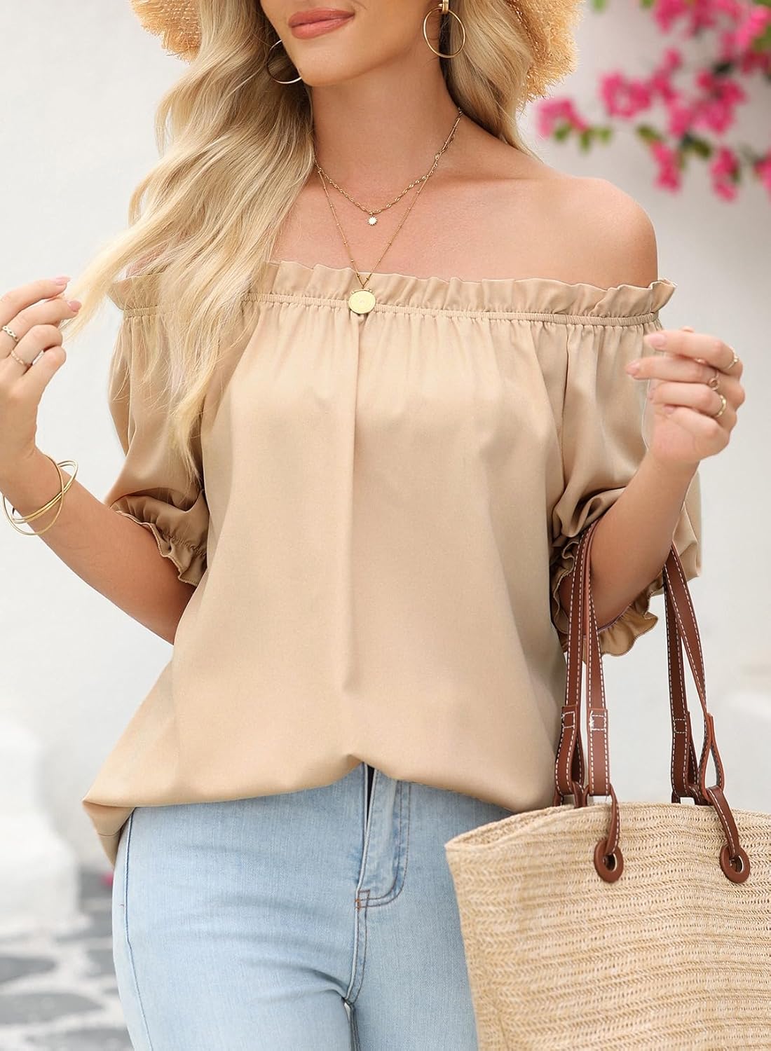 Womens Tops Off The Shoulder Blouses for Women Dressy Casual Cute Puff Sleeve T Shirts Fashion 2025