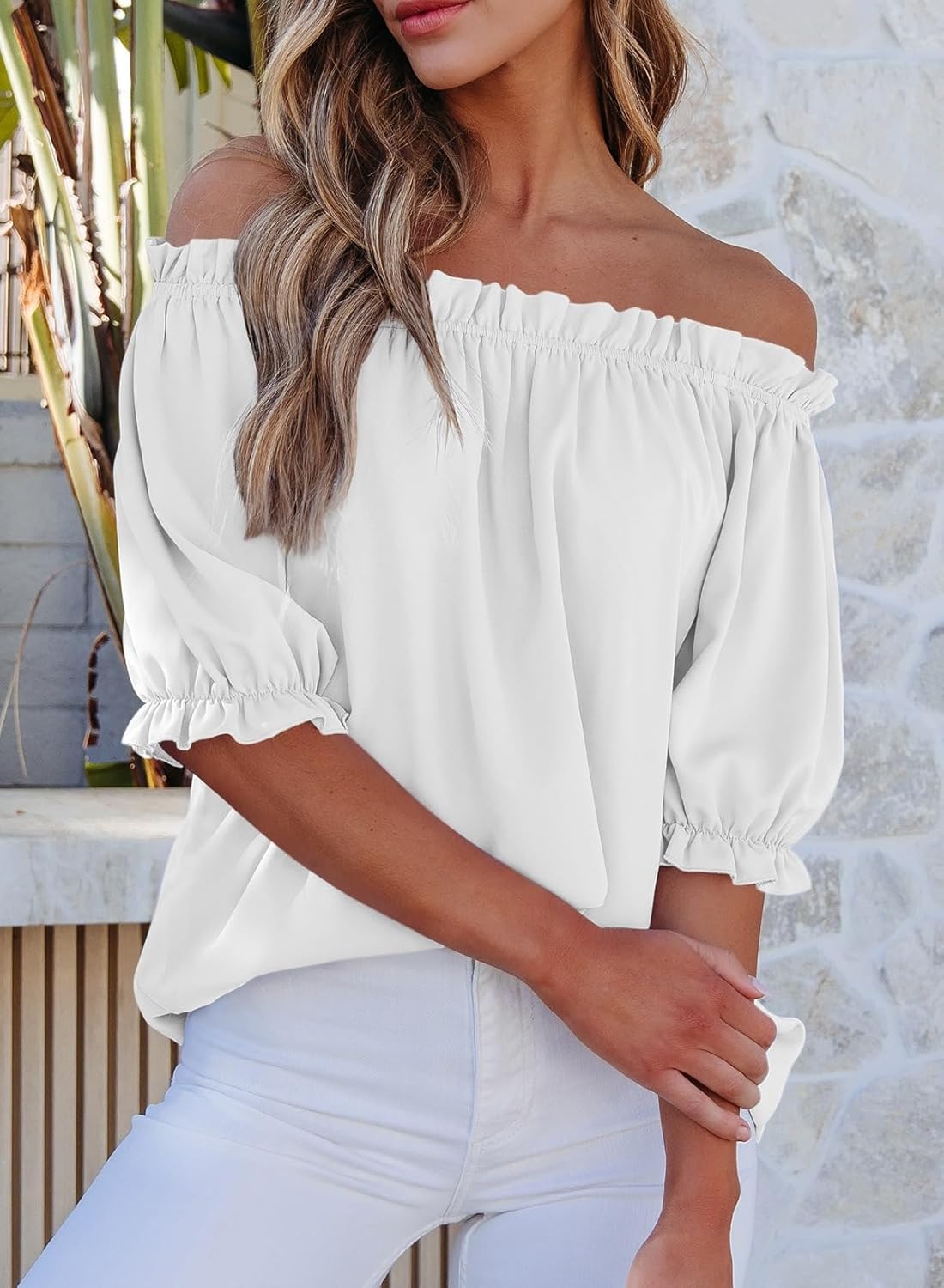 Womens Tops Off The Shoulder Blouses for Women Dressy Casual Cute Puff Sleeve T Shirts Fashion 2025