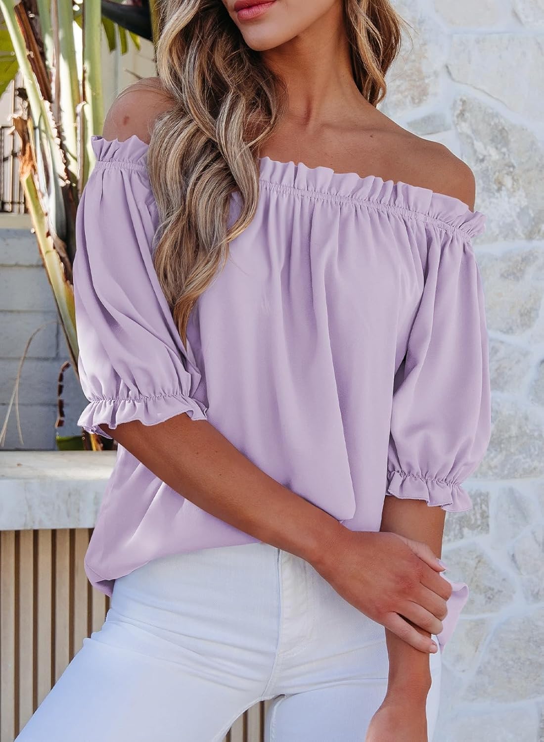 Womens Tops Off The Shoulder Blouses for Women Dressy Casual Cute Puff Sleeve T Shirts Fashion 2025